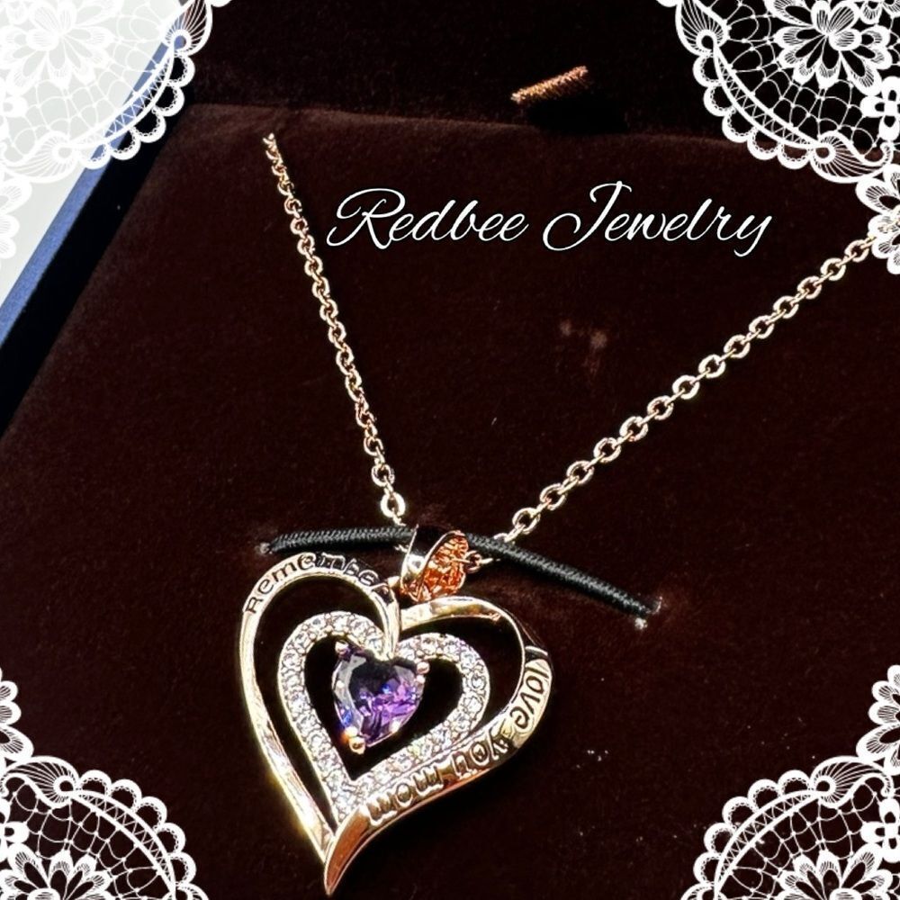 NIB Redbee 18kt GP, Rose‎ gold over s925, "Amethyst" CZ in heart necklace!